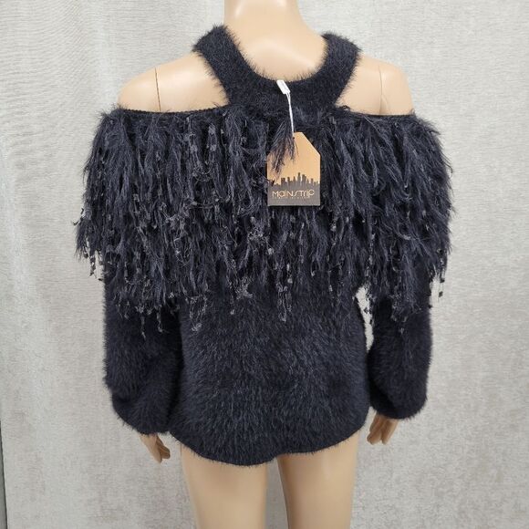Main Strip Black Cold Shoulder Fuzzy Fringe Sweater Boutique NWT Women's S / M - Picture 5 of 9
